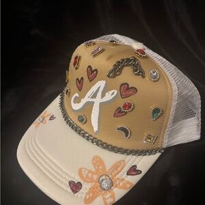 Embellished Tan and White Trucker Hat